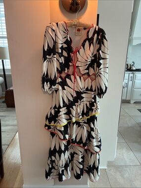 Farm Rio from AnthropologieBlack & White Floral Tiered Midi Dress with Neon Trim